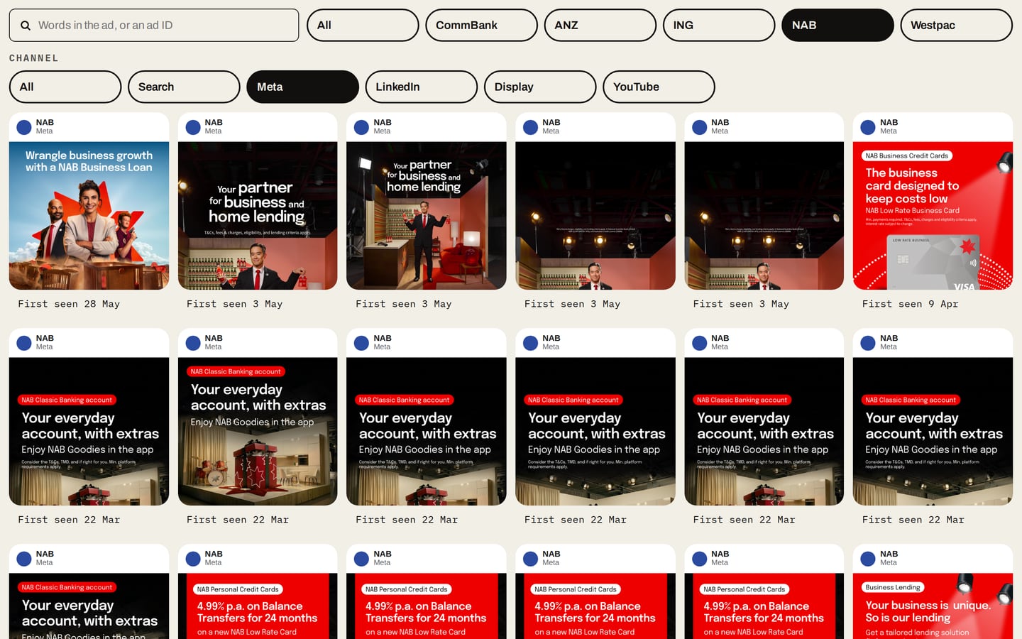 The Wall in the demo: NAB's Facebook and Instagram ads, each with the day it started