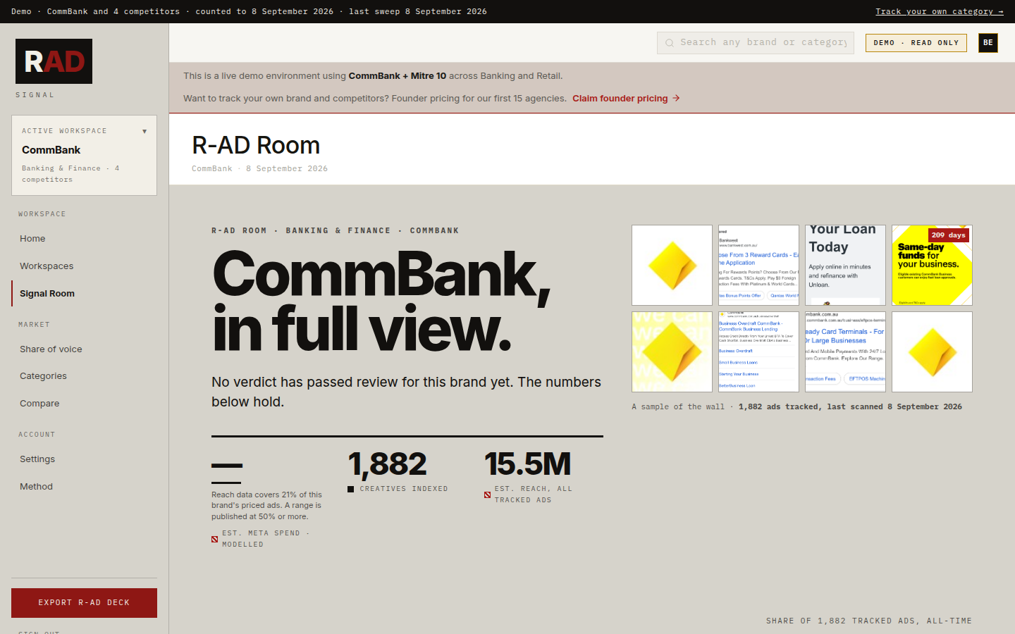 The R-AD Room: the client's own page, with the grid, the wall and the evidence drawer.